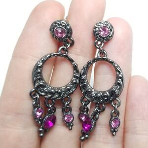 Vintage Purple Rhinestone Dangle Earrings, Dark Silver Tone Settting, Estate